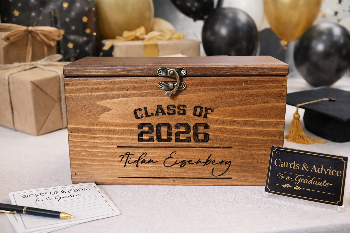 Personalized Graduation Card Box | Class of 2026 Keepsake Memory Box | Rustic Wooden Gift