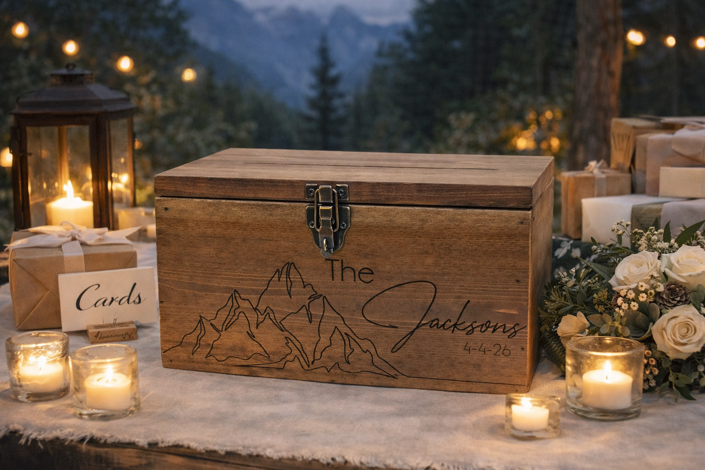 Mountain Wedding Personalized Card Box,  Wedding Card box with a slot and a lock